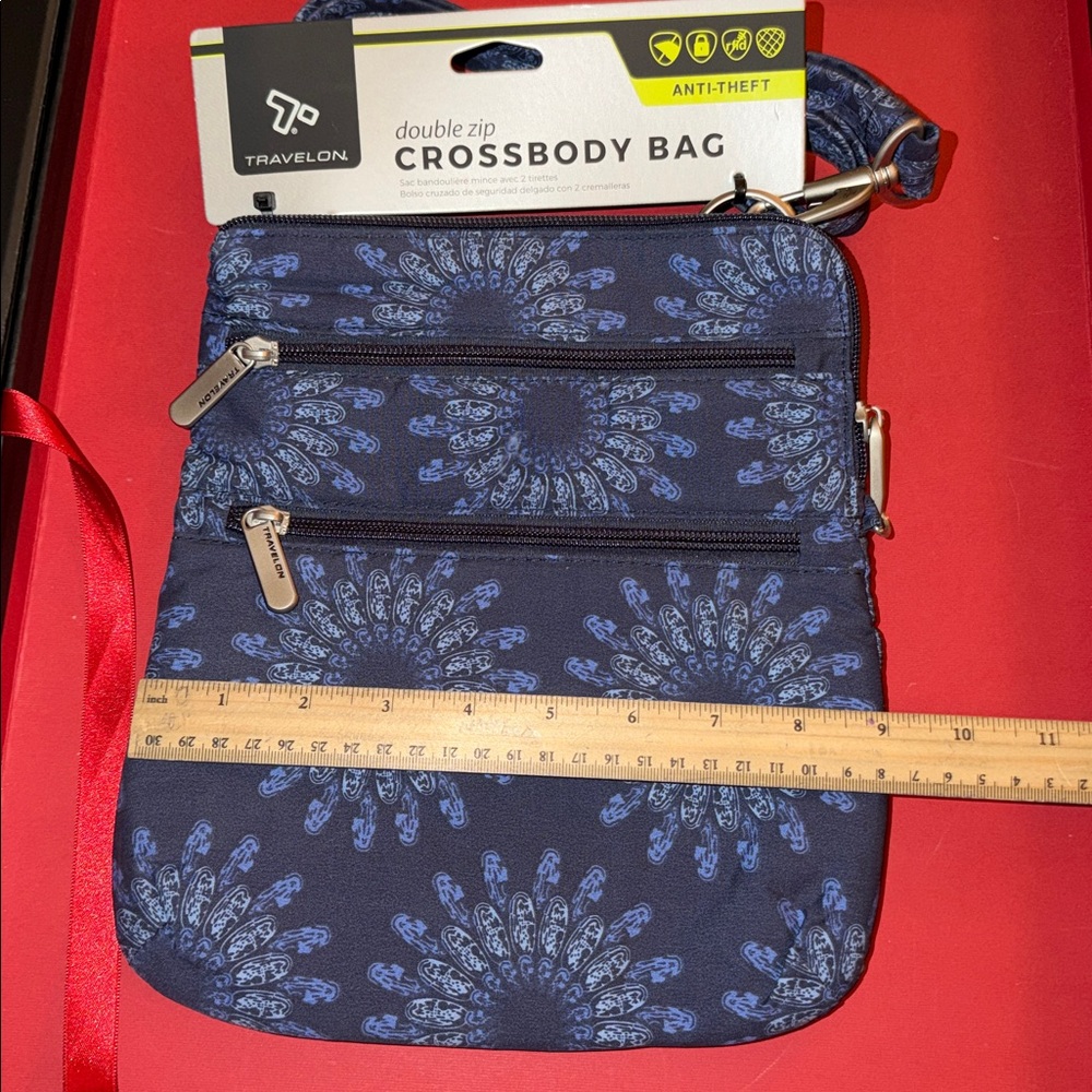 Travelon Navy and Blue Geo Sun Flower Crossbody Bag - Picture 11 of 12